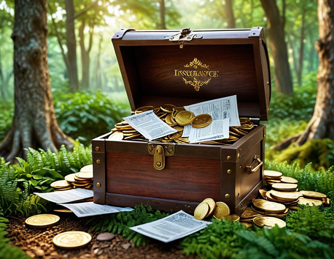 An open treasure chest overflowing with golden coins and insurance policy documents, surrounded by a lit path in a lush green forest symbolizing discovery. A magnifying glass on top of the policies highlighting affordability. A background illustration of smiling families enjoying life, depicting the benefits of insurance. super-realistic. vibrant colors. 3D.